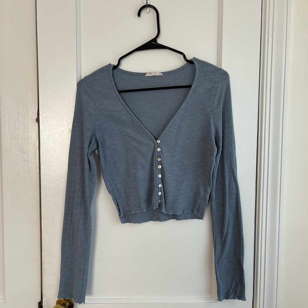Endless Blu Cropped Long Sleeve Top, Blue Top with Buttons
